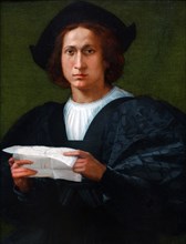 Painting titled 'Portrait of a Young Man holding a Letter' by Rosso Fiorentino