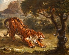 Painting titled 'Tiger and Snake' by Eugène Delacroix