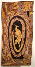 Bark painting depicting a serpent surrounding a kangaroo