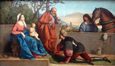 Painting titled 'A Warrior adoring the infant Christ and the Virgin' by Vincenzo Catena