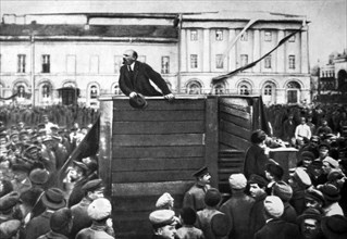 Vladimir Lenin addressing Red Army soldiers in Moscow, who are being sent to the Western Front during The Russian Civil War