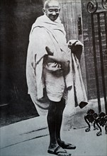 Mahatma Gandhi at number 10, Downing Street, London after a meeting with the British Prime Minister, Ramsay Macdonald
