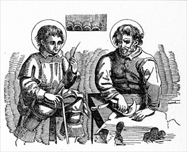 Saint CRISPIN AND CRISPINIAN, Christian martyr brothers: Martyred under Diocletian in 287 by being thrown into molten lead