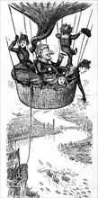 The character 'Mr Punch' flying above London in a hot-air balloon