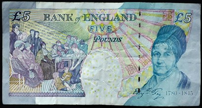 Elizabeth Fry depicted on a paper £5 banknote