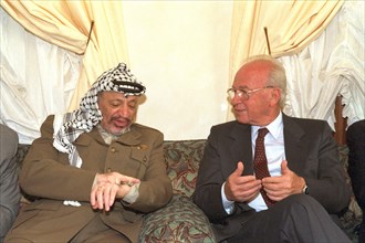 Israeli Prime Minister Yitzhak Rabin in a meeting with Palestinian leader, Yasser Arafat, Casablanca 1994