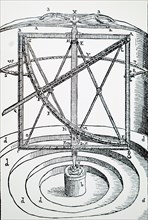 Diagram of a large metal quadrant sunk into the ground and with a protective wind shield, which was designed and used by Tycho Brahe