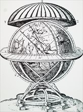 Engraving depicting Tycho Brahe's celestial globe on which he plotted the positions of the stars he observed