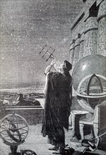 Engraving depicting the use of a cross-staff used to measure altitudes of celestial objects