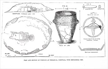 Plan and section of Tumulus at Tregascal with Sepulchral Urn