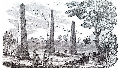 Engraving depicting the Devil's Arrows, three standing stones or menhirs in an alignment, in Boroughbridge, Yorkshire