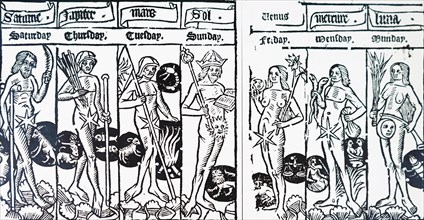 Engraving depicting the days of the week in the order of the supposed distance of the planets from the Earth