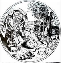 Engraving depicting the sixth day of creation - God creating Adam- from the Nuremburg Chronicle by Hartmann Schedel