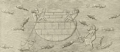 An Assyrian bas relief which shows the transportation of stones across a river in a kuphar