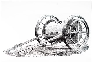 Engraving depicting a water cart for replenish the boiler of a steam engine used in mechanical ploughing