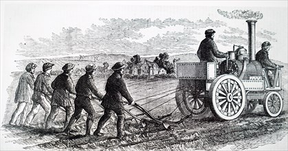 Engraving depicting Giles' steam bull, a steam locomotive, being used to pull five single furrow ploughs