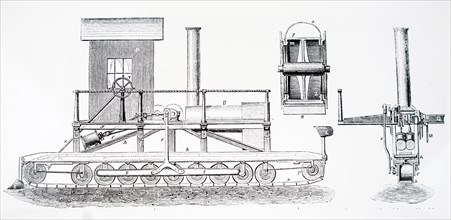 Engraving depicting a steam driven cultivating machine on rubber caterpillar tracks