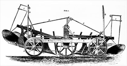 Engraving depicting a plough for steam ploughing, using a steel cable to pull the plough from side to side of the field