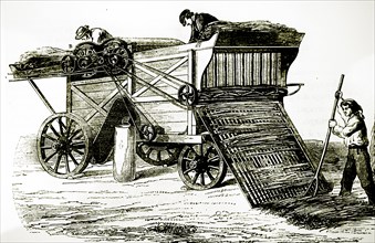 Engraving depicting a steam-driven threshing machine