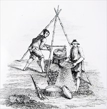 Engraving depicting the sifting of rice in China