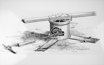 Engraving depicting Garret & Son's portable steam engine driving a threshing machine