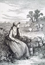 A Welsh milkmaid sitting, watching some of the cows in the field