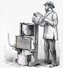 Engraving depicting the cooling of milk using Lawrence's 'refrigerator'