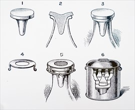 Various views of a rubber stopper for hermetically sealing sterilised bottles, together kettle for sterilising