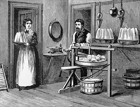 The use of a hand-powered butter working machine in which excess buttermilk was removed and salt blended in