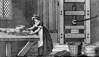 Engraving depicting the cutting up of curds to make Cheshire cheese