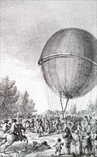 Crowds gathered, in the Champs de Mars, to watch the landing of the first successful hydrogen filled balloon