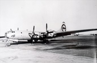 Photograph of the Enola Gay plane, a Boeing B-29 Superfortress bomber, which was used to drop the first atomic bomb on Japan