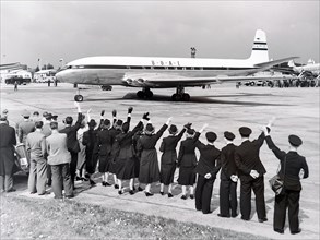 Photograph taken of the de Havilland Comet, the world's first commercial jetliner, leaving Heathrow