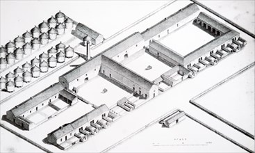 Isometric view of a steading, showing the rick yard, piggeries, cattle yards, etc