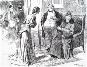 illustration showing an elderly couple talking to a young woman