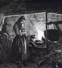 A young girl heating Gamalost, which translates as 'old cheese', which was a pungent traditional Norwegian cheese