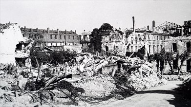 Photograph showing the destruction École spéciale militaire de Saint-Cyr during the liberation of France from German occupation in the summer of 1944