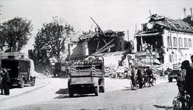 Photograph showing the destruction École spéciale militaire de Saint-Cyr during the liberation of France from German occupation in the summer of 1944