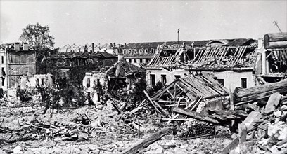 Photograph showing the destruction at the town of Saint-Cyr, in Western France, during the liberation of France from German occupation in the summer of 1944