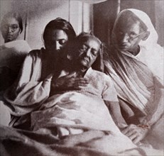 Kasturba Gandhi wife of Mahatma Gandhi on her deathbed at the Palace of the Aga Khan, in Pune, Maharashtra State