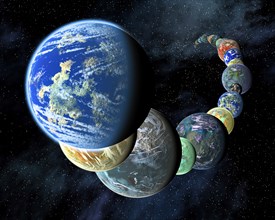 Exo-planets in a montage, artist's concept to show that rocky, terrestrial worlds like the inner planets in our Solar System may be plentiful, and diverse, in the Universe