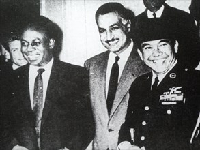 Left to right: Non-Aligned movement meeting with Ghana's Kwame Nkrumah, Egypt's Gamal Nasser and Indonesia's Ahmed Sukarno