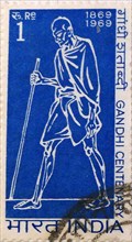 Indian postage stamp commemorating the centenary of Mahatma Gandhi the spiritual father of India's independence, 1969