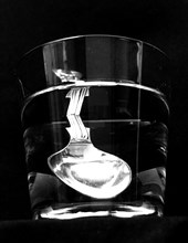 Photograph demonstrating total internal reflection: In a tumbler of water, the reflected handle of the spoon can be seen in the surface of the water above the spoon itself