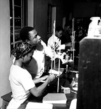 Photograph showing West African scientist using apparatus for chemical experiments