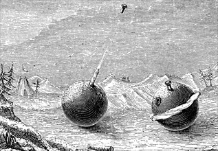 The two different effects of freezing water in an iron sphere - left, ejection of stopper by column of ice; right, splitting of the sphere