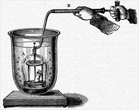 A miniature diving bell, showing how a condensing pump can supply air to an inverted vessel surrounded by water, the excess air escaping as bubbles from the bottom