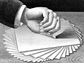 Illustration showing a stack of paper with a human thumb passing over the surface