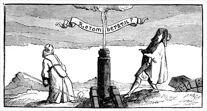 Marin Mersenne performing an experiment to prove the rotation of the earth: ball fired from vertical cannon did not fall back down the barrel