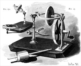 A gyroscope, a device consisting of a wheel or disc mounted so that it can spin rapidly about an axis which is itself free to alter in direction